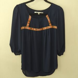 Collective Concepts Embroidered Blouse Navy Blue Boho Peasant Women's Size S